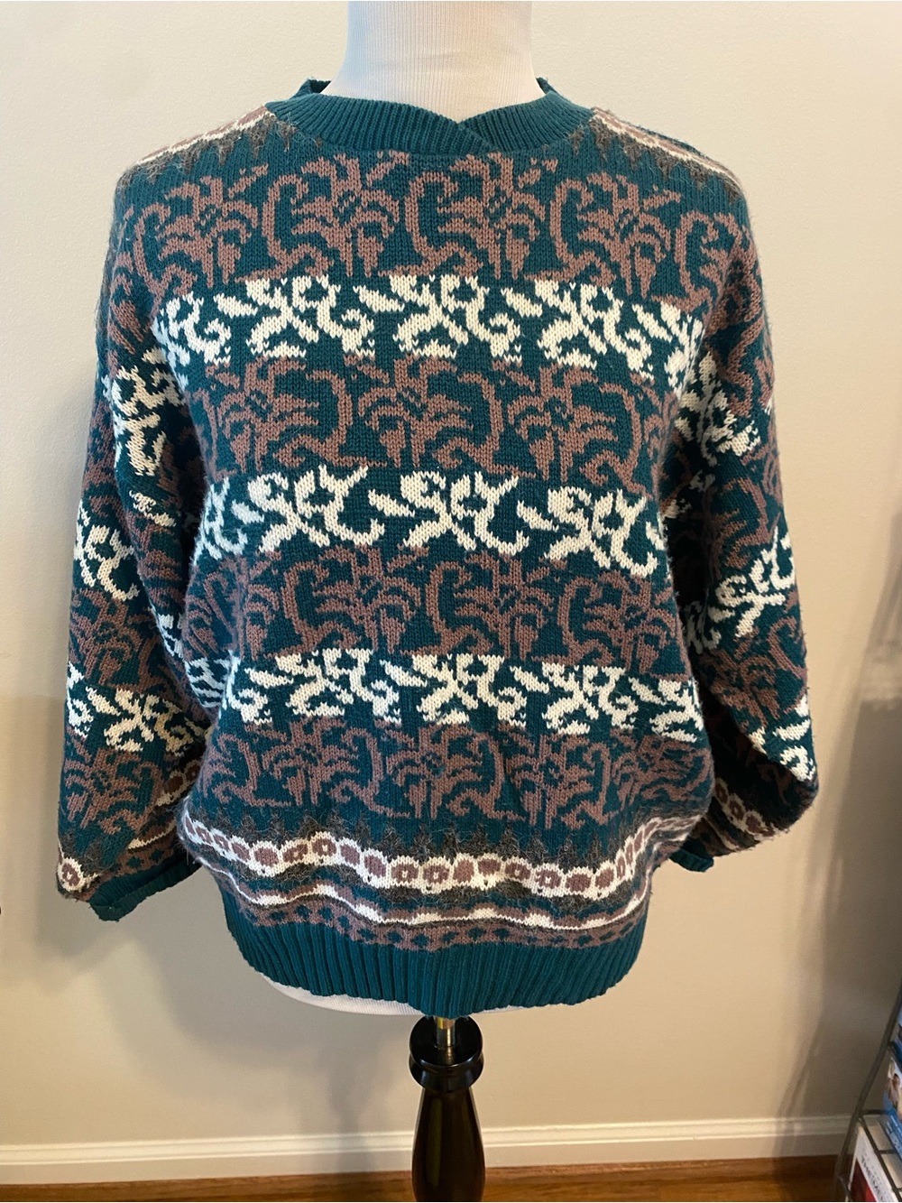 Vintage 90s Teal Green Fair Isle Knit Sweater Geometric Pattern Crewneck